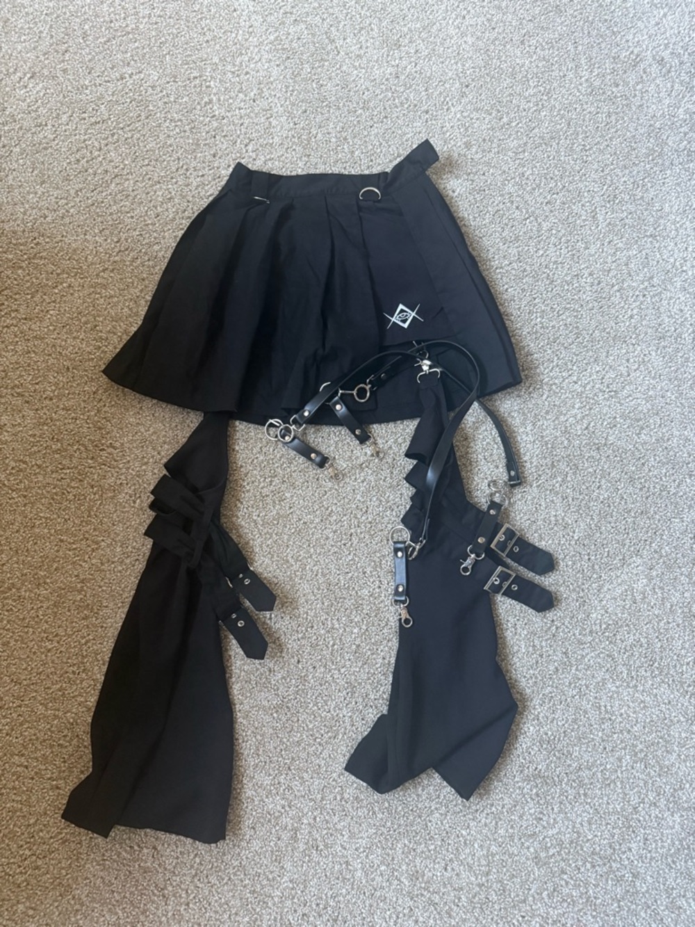 Black Pleated Grommet Mini Skirt with Removable Harness